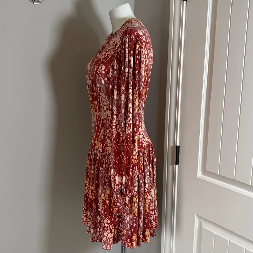 Free People Heartbeats Red Mini Dress Long Sleeve Rust Floral Mini Boho Sz M
